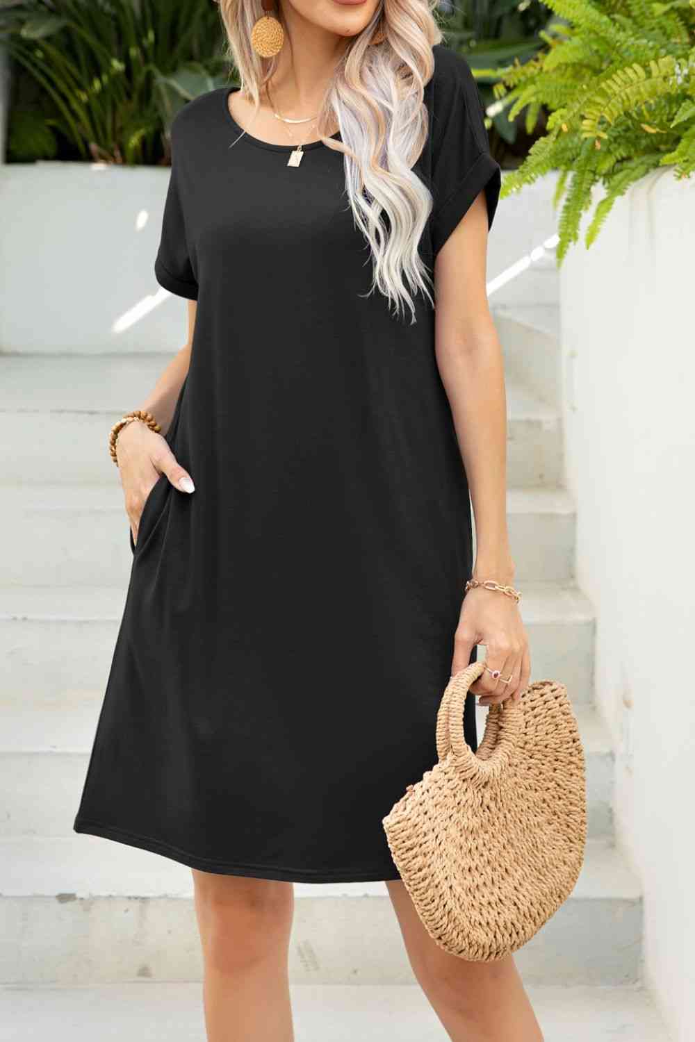 Short Sleeve Pocket Dress | Black