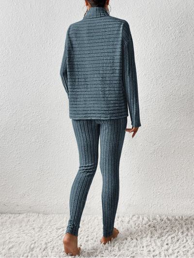Ribbed Turtleneck Top and Pants Set | French Blue
