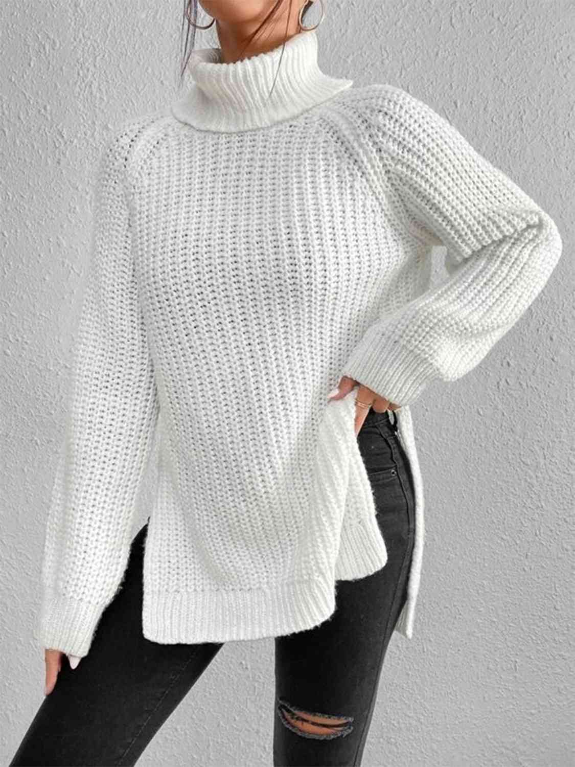 Turtleneck Rib-Knit Sweater | White