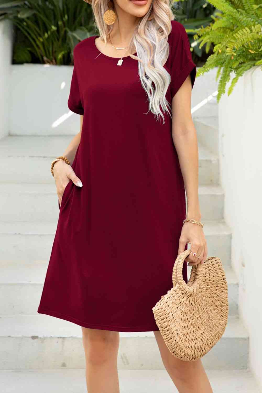 Short Sleeve Pocket Dress | Wine