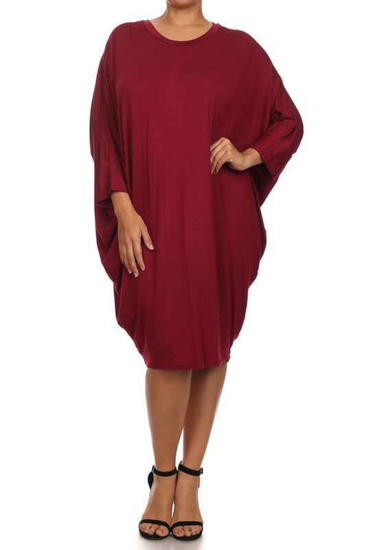 [PLUS] 3/4 Sleeve Dolman Dress | Burgundy