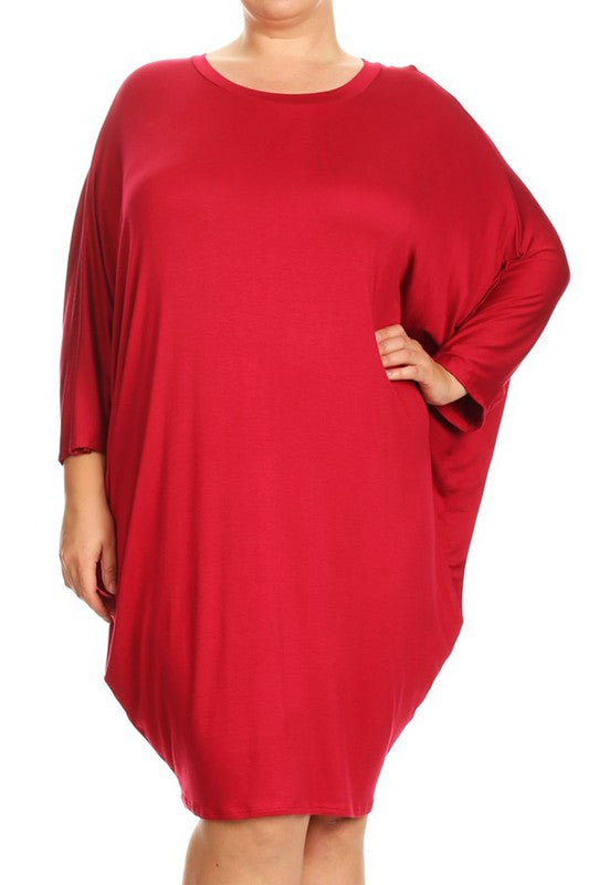 [PLUS] 3/4 Sleeve Dolman Dress | Red