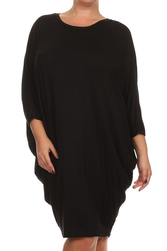 [PLUS] 3/4 Sleeve Dolman Dress | Black