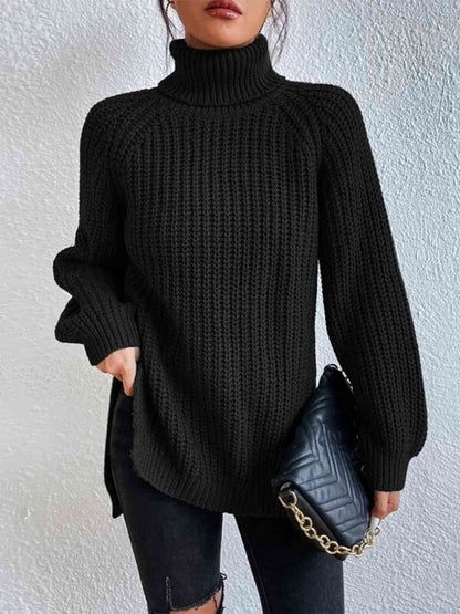 Turtleneck Rib-Knit Sweater | Black