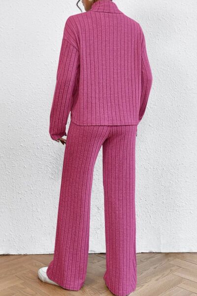 Ribbed Turtleneck and Boot leg pants set | Hot Pink