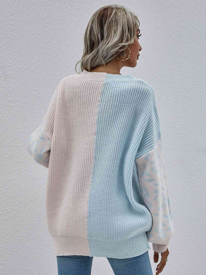 Leopard Color Block V-Neck Tunic Pullover Sweater | Sky Blue