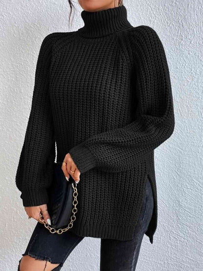 Turtleneck Rib-Knit Sweater | Black