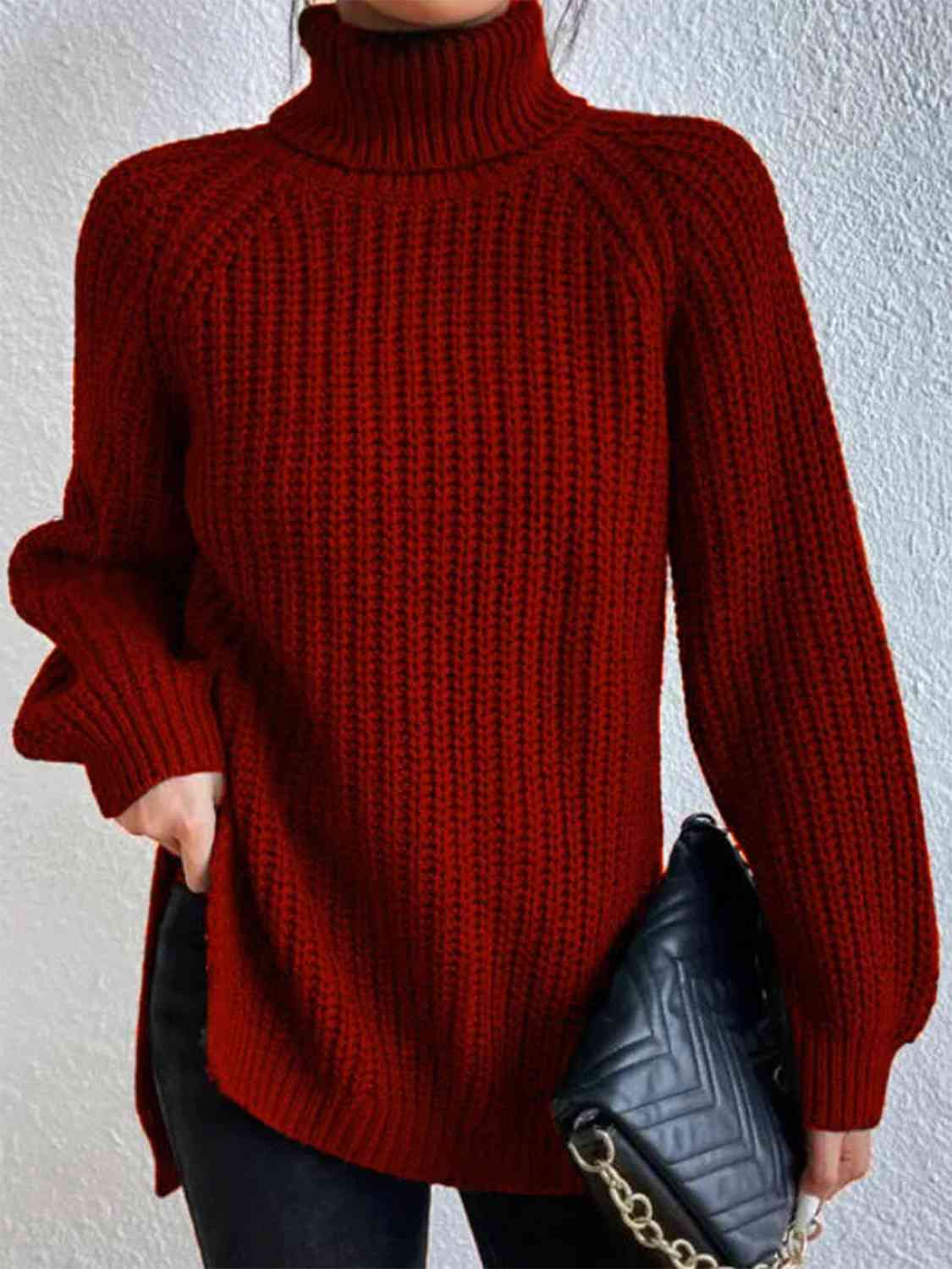 Turtleneck Rib-Knit Sweater | Wine