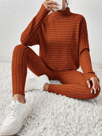 Ribbed Turtleneck Top and Pants Set | Ochre