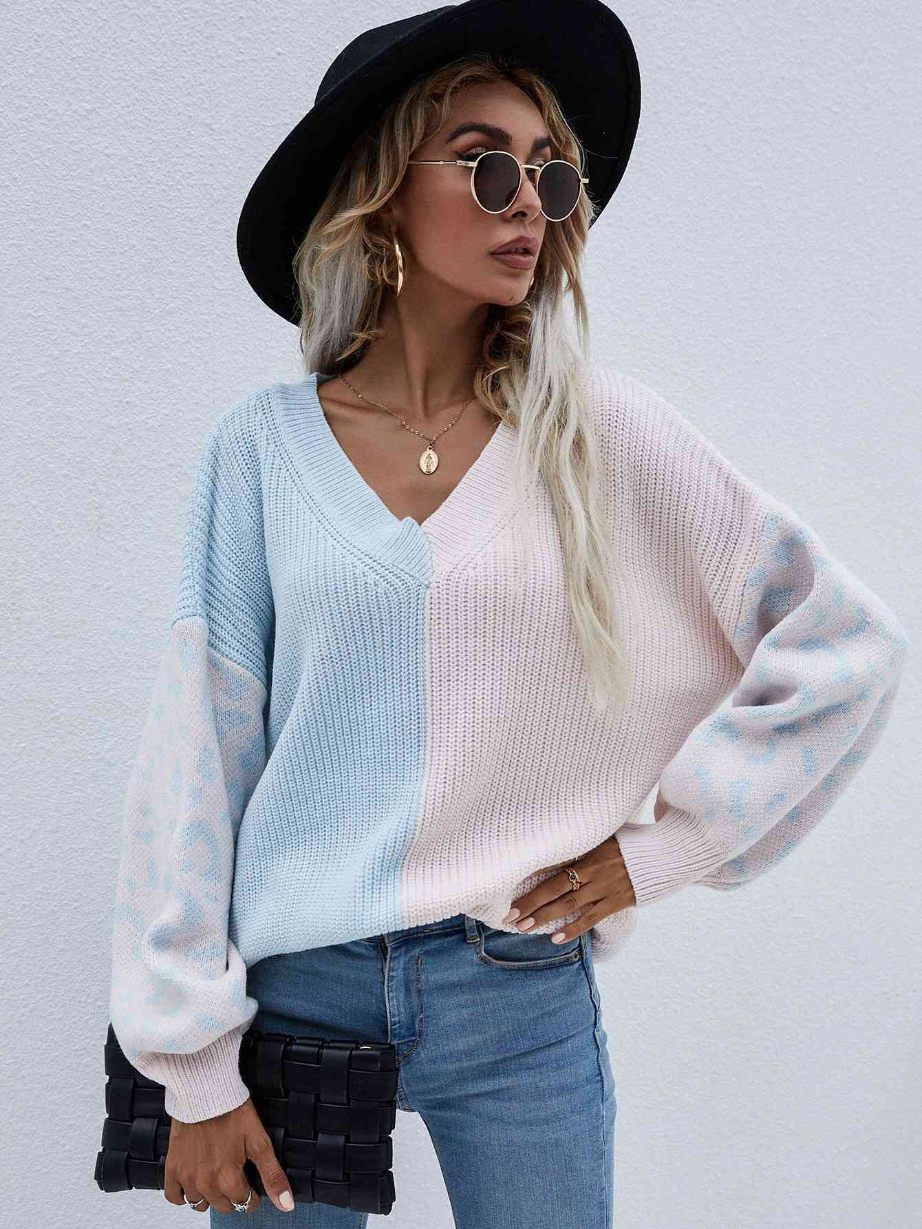 Leopard Color Block V-Neck Tunic Pullover Sweater | Sky Blue