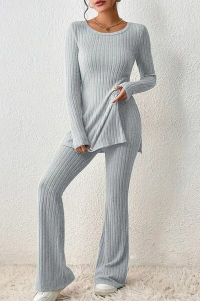 Ribbed Top and Bootcut Pants | Light Gray