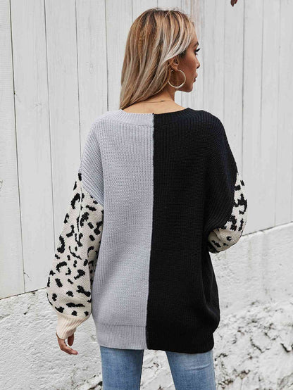 Leopard Color Block V-Neck Tunic Pullover Sweater | Black & Gray