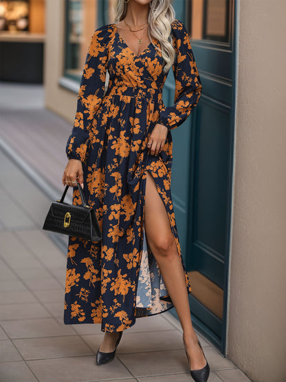 women's long sleeve midi dress Split Printed Surplice Long Sleeve Midi Dress Black / L