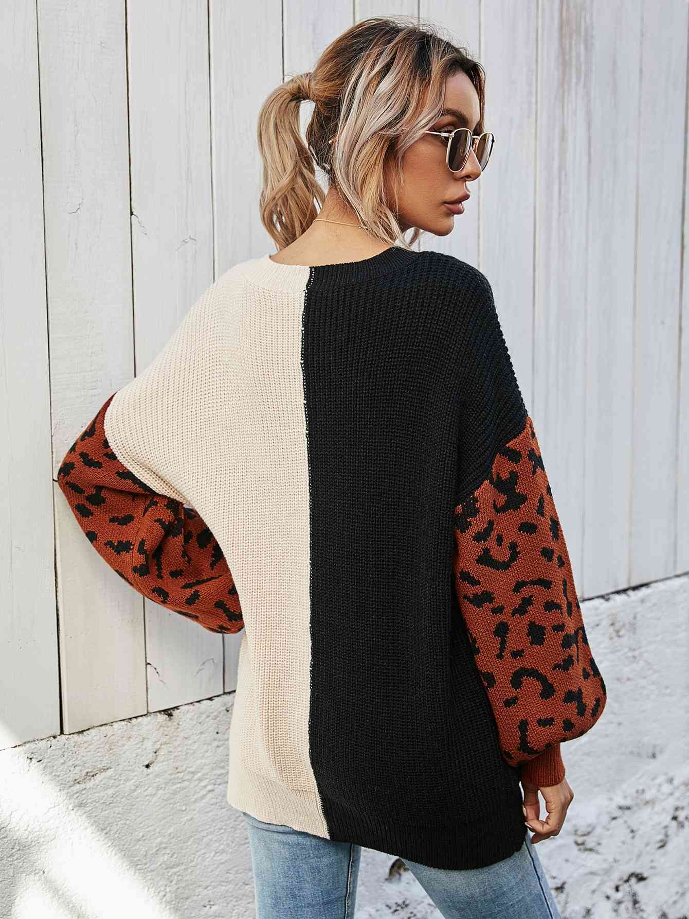 Leopard Color Block V-Neck Tunic Pullover Sweater | Black & Beige