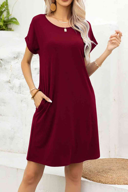 Short Sleeve Pocket Dress | Wine
