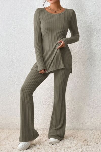 Ribbed Top and Bootcut Pants Set | Olive Brown