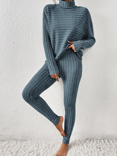 Ribbed Turtleneck Top and Pants Set | French Blue