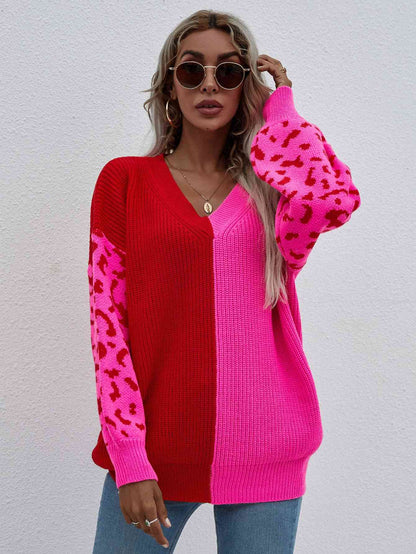 Leopard Color Block V-Neck Tunic Pullover Sweater | Red